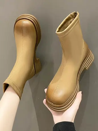 网红粗跟厚底瘦瘦靴女款2023秋季新款后拉链增高百搭显腿长马丁靴图片