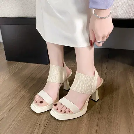 时装露趾凉鞋女2023新款夏天高跟粗跟仙女风气质一字带罗马小码鞋商品大图