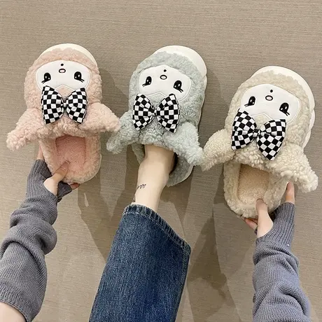 月子棉拖鞋女士冬季可爱蝴蝶结猫咪室内家居防滑毛绒厚底保暖拖鞋商品大图