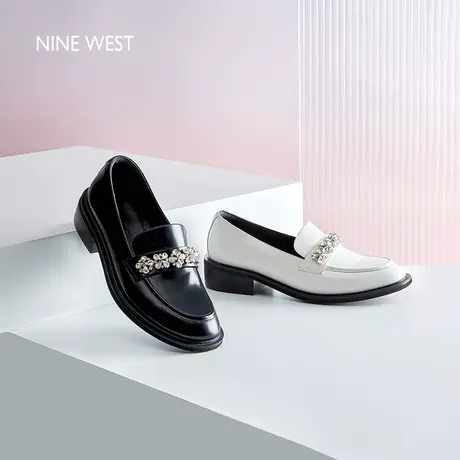 Nine West/玖熙圆头闪钻乐福鞋女春季新款学院风牛皮低跟单鞋通勤图片