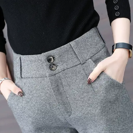 毛呢裤子女秋冬2023新款小脚长裤加绒职业呢子西裤高腰直筒哈伦裤图片