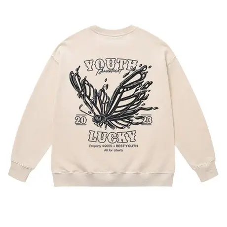 美式复古蝴蝶印花圆领卫衣男街头潮流慵懒风2023重磅休闲宽松上衣商品大图