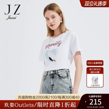 JZ玖姿圆领短袖棉T恤女装2022夏季新款时尚印花字母爱心休闲上衣商品大图