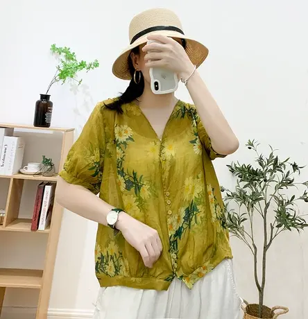印花衬衫女短款2023夏季新款文艺宽松薄款五分袖气质V领小衫上衣商品大图
