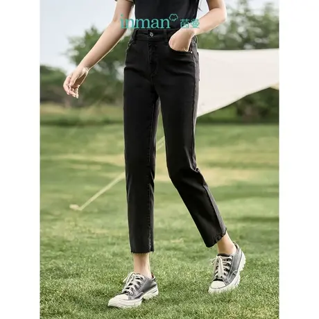 茵曼2023女春新款休闲通勤中高腰九分烟筒裤高弹显瘦复古风牛仔裤图片