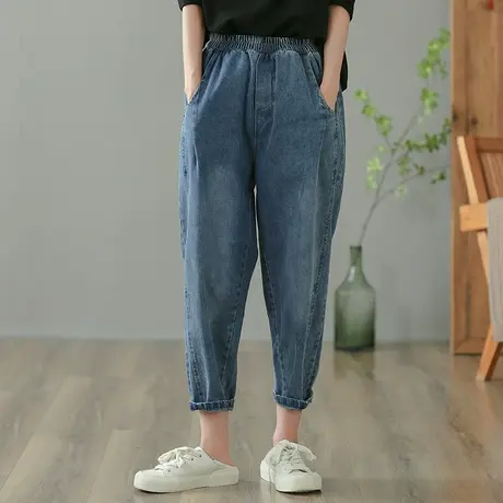 dza 高腰显瘦水洗蓝直筒宽松牛仔裤子女士春秋休闲百搭纯棉哈伦裤图片