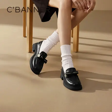 千百度厚底蝴蝶结乐福鞋女款2025春季新款通勤JK小皮鞋黑色单鞋商品大图
