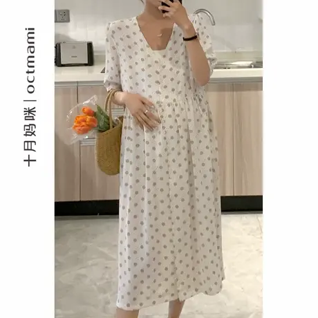 十月妈咪孕妇连衣裙2025新款夏季薄款气质优雅外穿波点V领短袖裙图片
