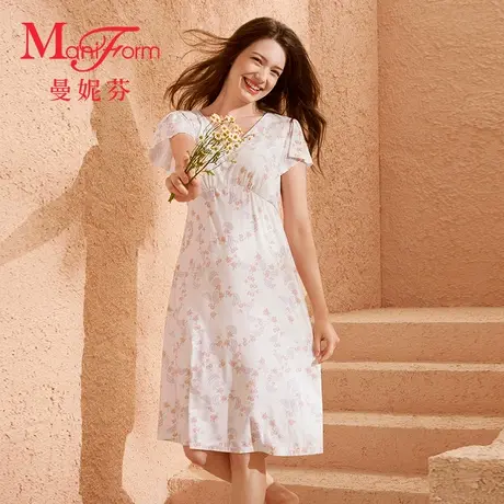 曼妮芬女士家居服睡衣V领高腰短袖裙装亲肤柔软春夏睡裙商品大图