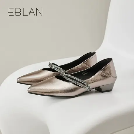 EBLAN/伊伴女鞋2025春季新款尖头中跟百搭浅口单鞋复古气质牛皮鞋图片