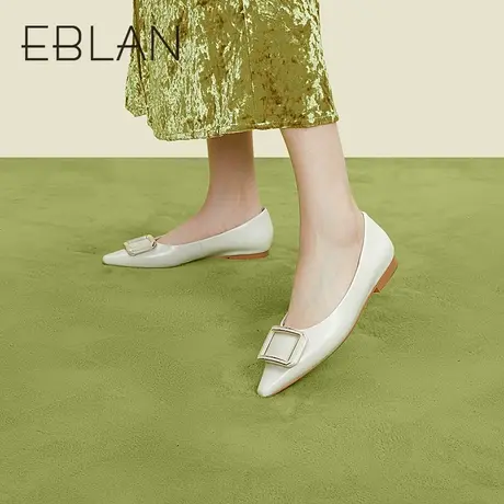 伊伴春季女鞋通勤时尚单鞋羊皮休闲皮鞋气质方形扣软底平底鞋图片