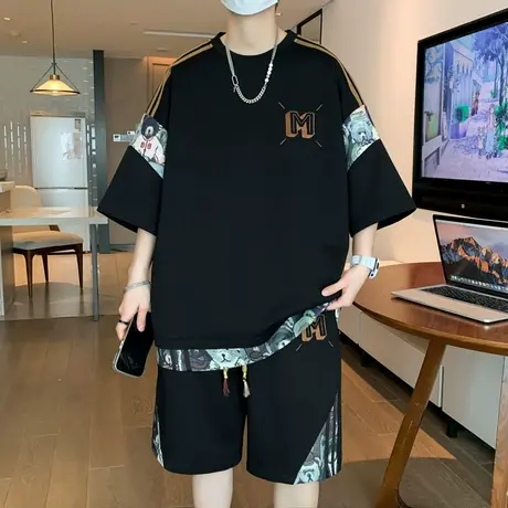 休闲运动套装男生夏季薄款宽松国潮T恤短裤两件套青少年帅气一套商品大图