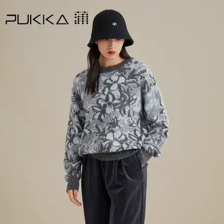 蒲PUKKA 毛衣女宽松提花拼色圆领套头修身款保暖上衣秋冬款图片