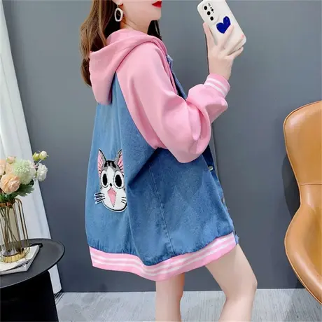 学院风卫衣拼接牛仔外套女秋季2022年新款宽松休闲洋气减龄上衣潮商品大图