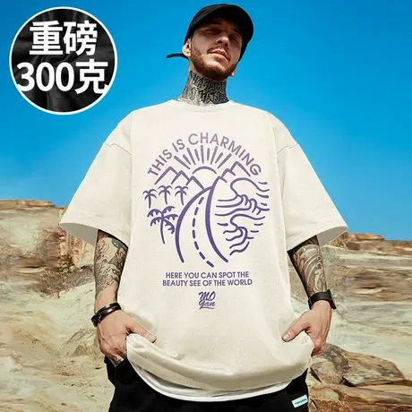 100%纯棉300g重磅潮牌宽松胖子T恤短袖五分袖情侣加肥加大码男装商品大图