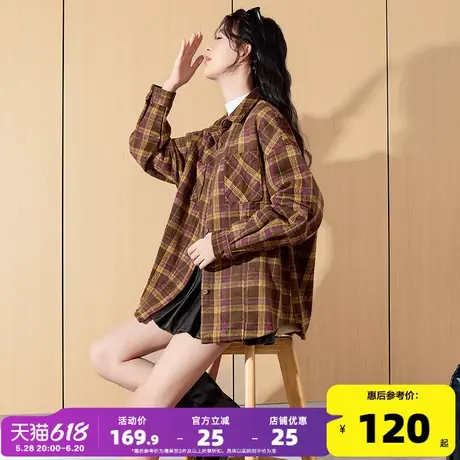 唐狮2024秋季新款长袖衬衫女时尚格子款设计感衬衣外套宽松休闲商品大图