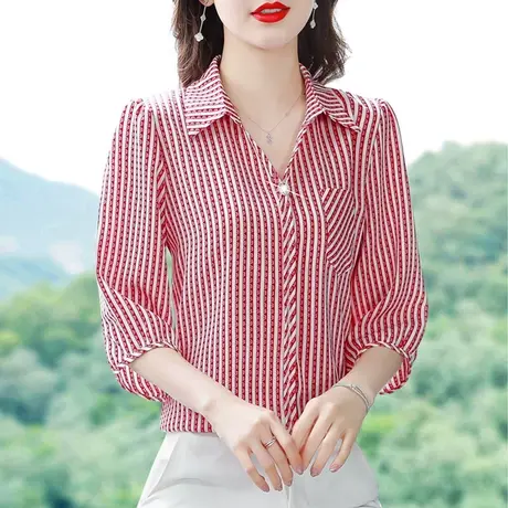 别致漂亮时尚雪纺衫短袖女2023新款高档洋气时髦条纹衬衫中袖小衫图片