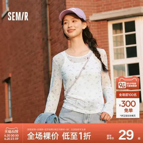 森马长袖T恤女设计感满印修身叠穿2025春季新款薄透网纱上衣温柔图片