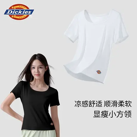 Dickies正肩小方领T恤女夏季透气2025新款轻奢打底衣显瘦黑色短袖商品大图