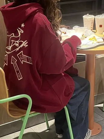 美式复古酒红连帽卫衣女hiphop潮牌大码冬季情侣新款ins加绒外套商品大图