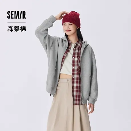 森柔棉|商场同款森马外套女2024秋新款慵懒宽松落肩连帽夹克百搭图片