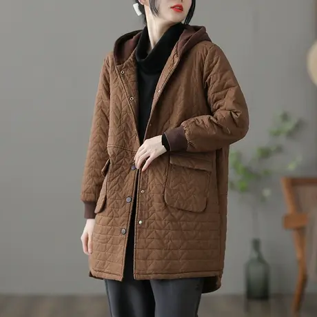 dza 复古宽松中长款棉服女士连帽保暖棉衣2022冬新款加厚菱格棉袄图片