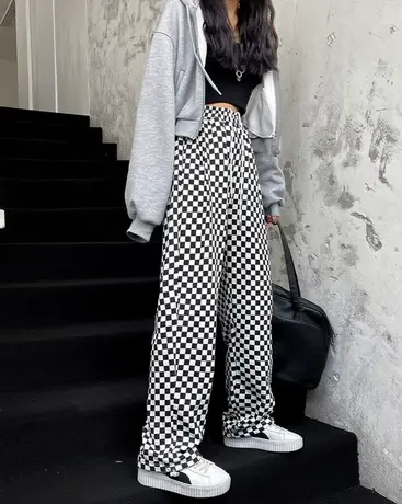 白鹿同款棋盘格裤子女春季显瘦休闲直筒裤宽松黑白格子垂感阔腿裤商品大图