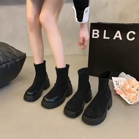 短靴女2023夏季新款时尚防滑复古显瘦马丁靴粗跟厚底小个子瘦瘦靴图片