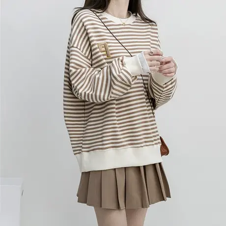 条纹复古港风薄款无帽卫衣女潮ins早春上衣2023新款韩版宽松学生图片