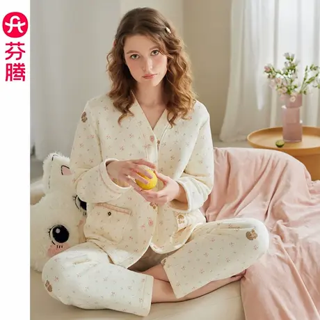 芬腾女士长袖睡衣空气棉夹层纯棉秋季套装女款抗菌大码冬天家居服商品大图