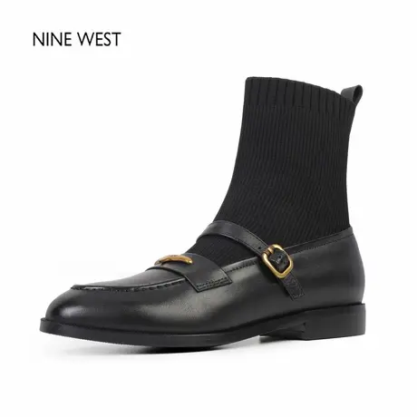 奥莱专供Nine West/玖熙法式复古圆头弹力瘦瘦靴袜靴冬粗跟短靴女图片