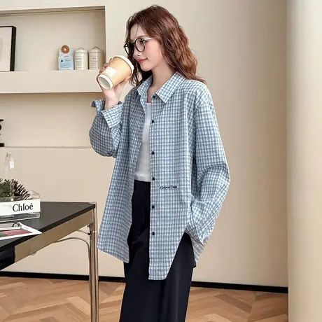 唐狮春秋格纹衬衫女浅蓝色温柔风气质洋气超好看衬衣外套上新BLtu商品大图