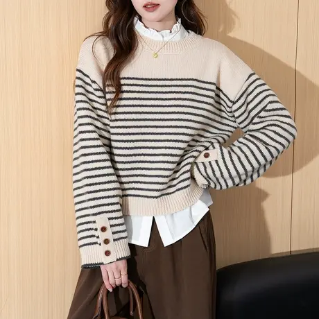 唐狮秋冬毛衣女条纹圆领套头高级感小个子穿搭潮流上衣女TD商品大图