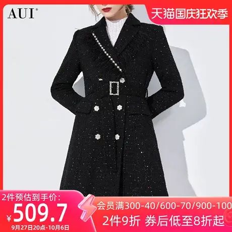 AUI黑色高端羽毛拼接毛呢外套女2023新款冬季气质双排扣呢子大衣商品大图