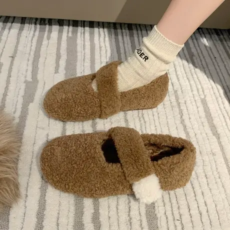 棉鞋女冬外穿玛丽珍豆豆鞋2023新款加绒毛毛鞋孕妇软底小香毛绒鞋商品大图