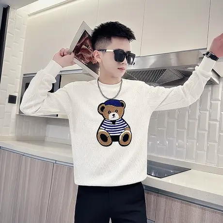 高级感小熊刺绣卫衣男秋季ins潮牌修身韩版痞帅潮男长袖上衣T恤图片