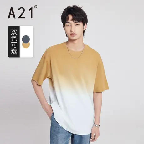 A21outlets男装宽松圆领落肩短袖T恤衫夏季渐变撞色潮酷纯棉上衣图片