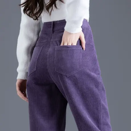 紫色灯芯绒裤子女秋冬季加厚加绒条绒裤女士休闲裤宽松哈伦萝卜裤商品大图