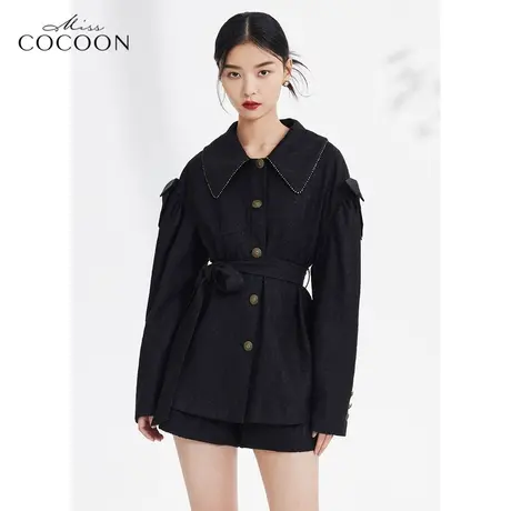 miss COCOON黑色蝴蝶结外套女2023新款春季复古系带显瘦翻领上衣商品大图