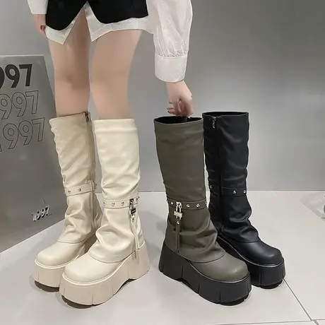 长筒靴女2023春秋季新款小个子超火时尚西部瘦瘦靴厚底增高骑士靴图片