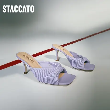 思加图新款奶油鞋一脚蹬凉鞋细高跟拖鞋外穿凉拖EEN09BT2商品大图