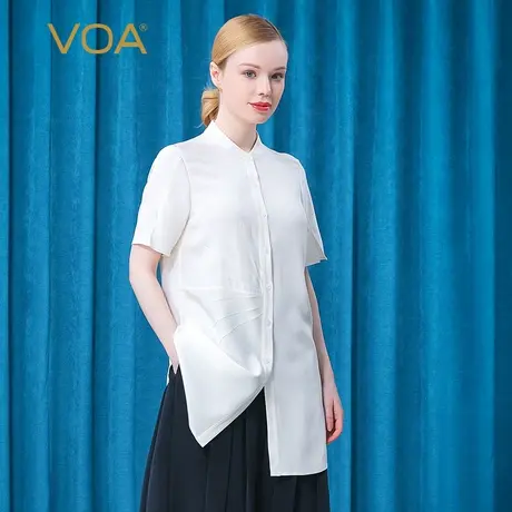 VOA36姆米弹力重绉白色立领短袖单排多扣褶皱不对称桑蚕丝衬衫商品大图