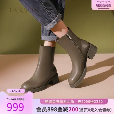 【门店直发】哈森2023冬季新款加绒低跟时装靴直筒帅气靴HA237107图片