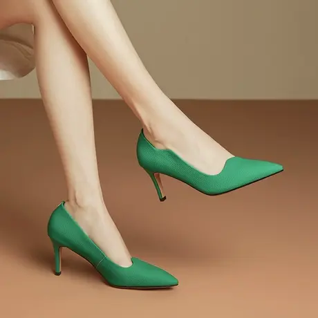 高跟鞋女细跟尖头气质通勤上班工作鞋时尚个性绿色软皮单鞋清仓图片