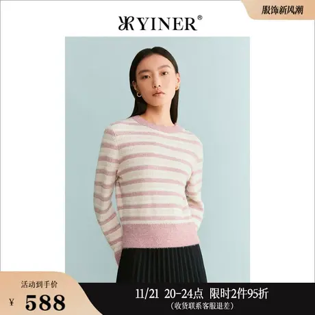 YINER音儿线上专选女装2023冬季条纹针织衫金属饰扣套头商品大图