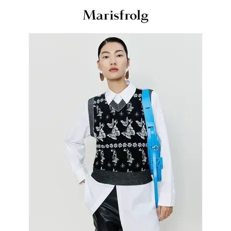 【艺术匠坊】玛丝菲尔时尚气质抽黑白象蝴蝶花稿提花修身针织马甲商品大图