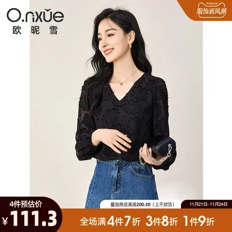 欧昵雪2023冬季新款时尚V领提花雪纺衫女长袖直筒黑色小个子上衣商品大图