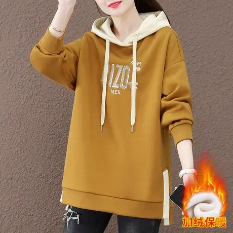中长款加绒加厚卫衣女秋冬2023新款爆款韩版大码女装宽松连帽外套商品大图
