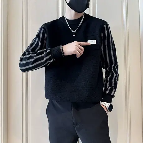 设计感拼接假两件时尚毛衣男2023秋冬新款潮牌内搭条纹针织衫线衣商品大图