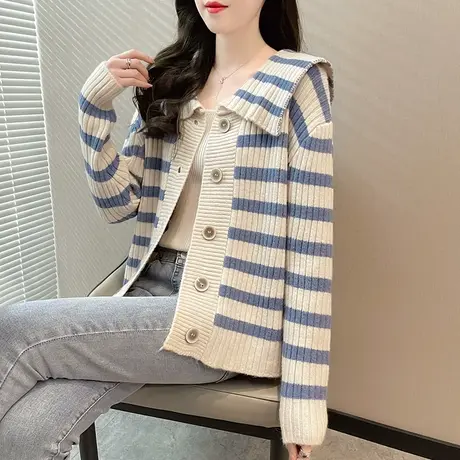 开衫2023年春装女针织外套上衣设计感小众海军风翻领条纹毛衣开衫商品大图